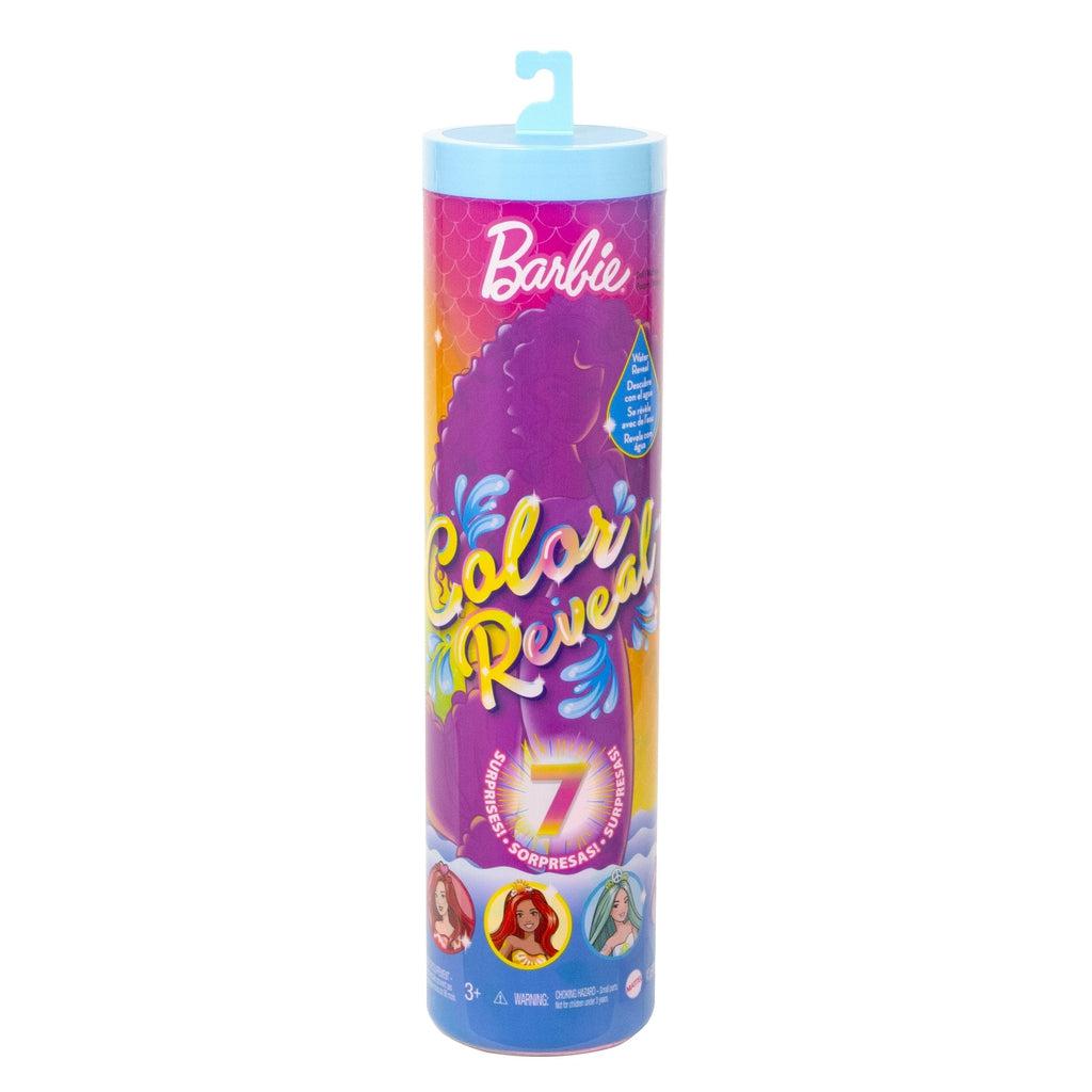 Image of the packaging for the Barbie Color Reveal Mermaid Surprise Box. The tube has a background of pink and orange scales with silhouettes of different mermaids in front.