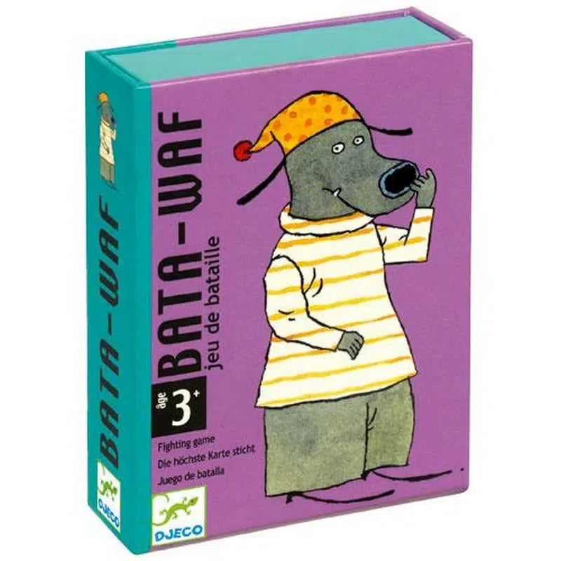 Bata-Waf by DJECO is a purple box with a dog on the front wearing clothes and a hat