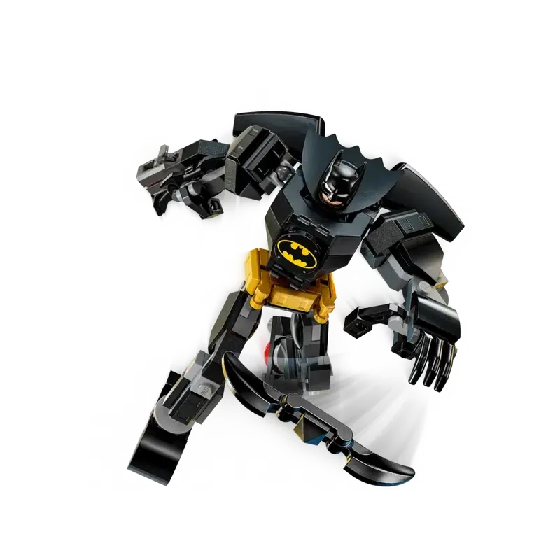 A LEGO super-hero toy, this jointed Batman mech features a robotic design with articulated limbs, a bat symbol on the chest, and wing-like attachments.