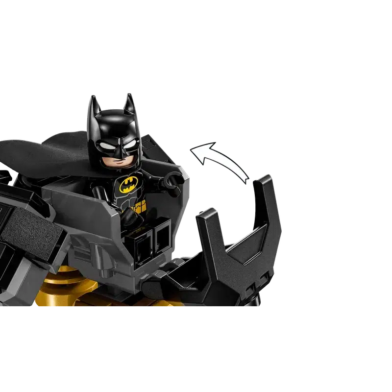 The LEGO Batman minifigure is seated in a black cockpit with bat-themed elements, reminiscent of a Batman mech, and a white arrow pointing upwards. This addition perfectly captures the thrilling world of super-hero toys.