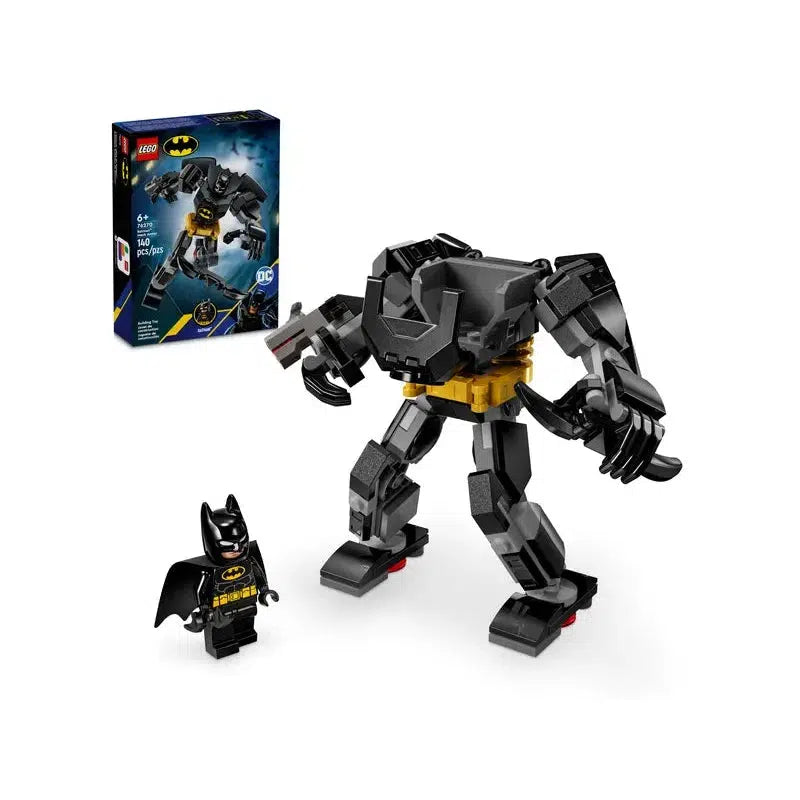 Discover this thrilling LEGO set featuring a black mech suit with yellow accents, perfectly crafted for super-hero adventures. With a Batman minifigure included, the box proudly displays the assembled Batman mech design in all its glory.