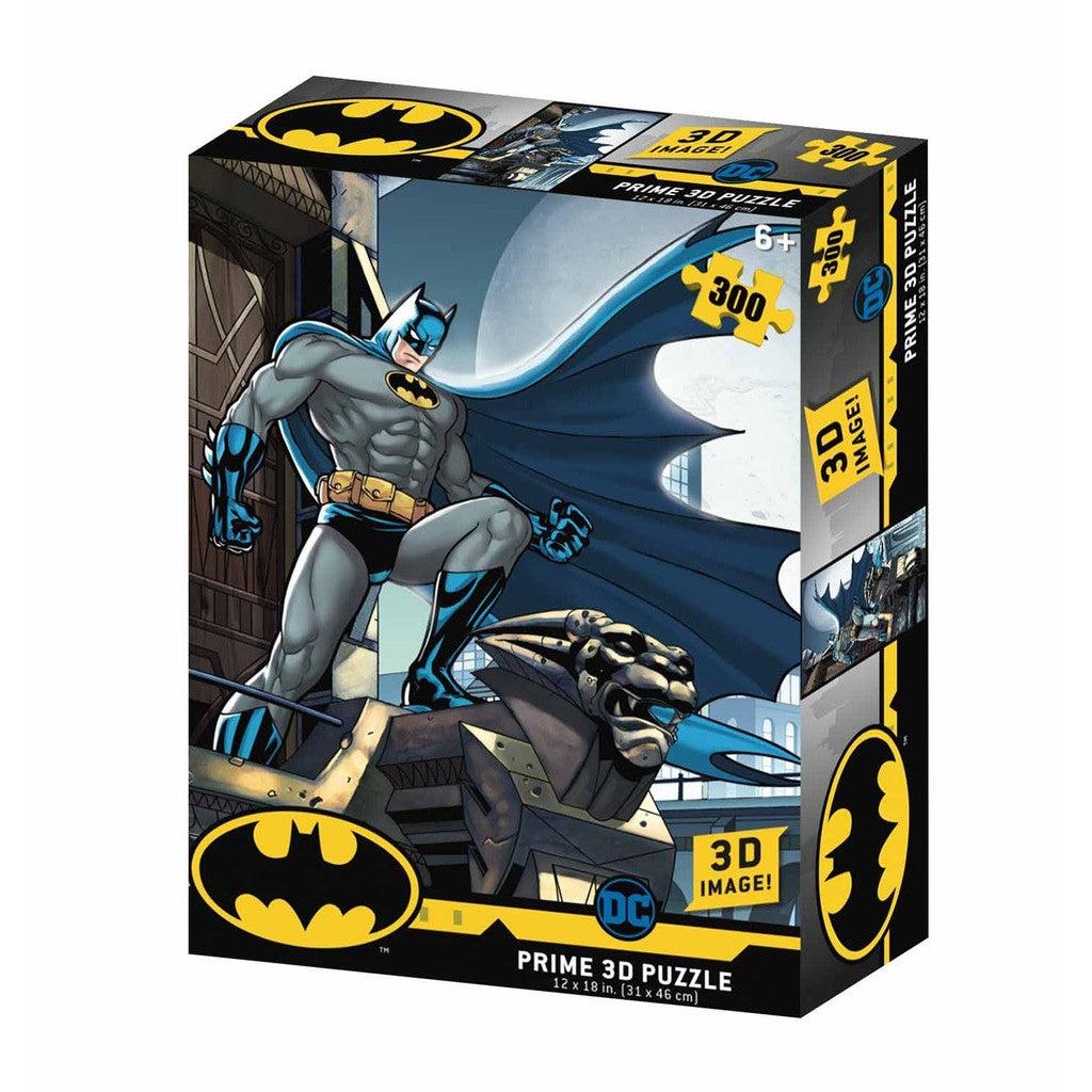 This 300-piece 3D puzzle box cover showcases Batman on a gargoyle, perfect for collectors and fans of Batman DC Comics. Recommended for ages 6+, it features 3D image icons and proudly displays the DC logo. 