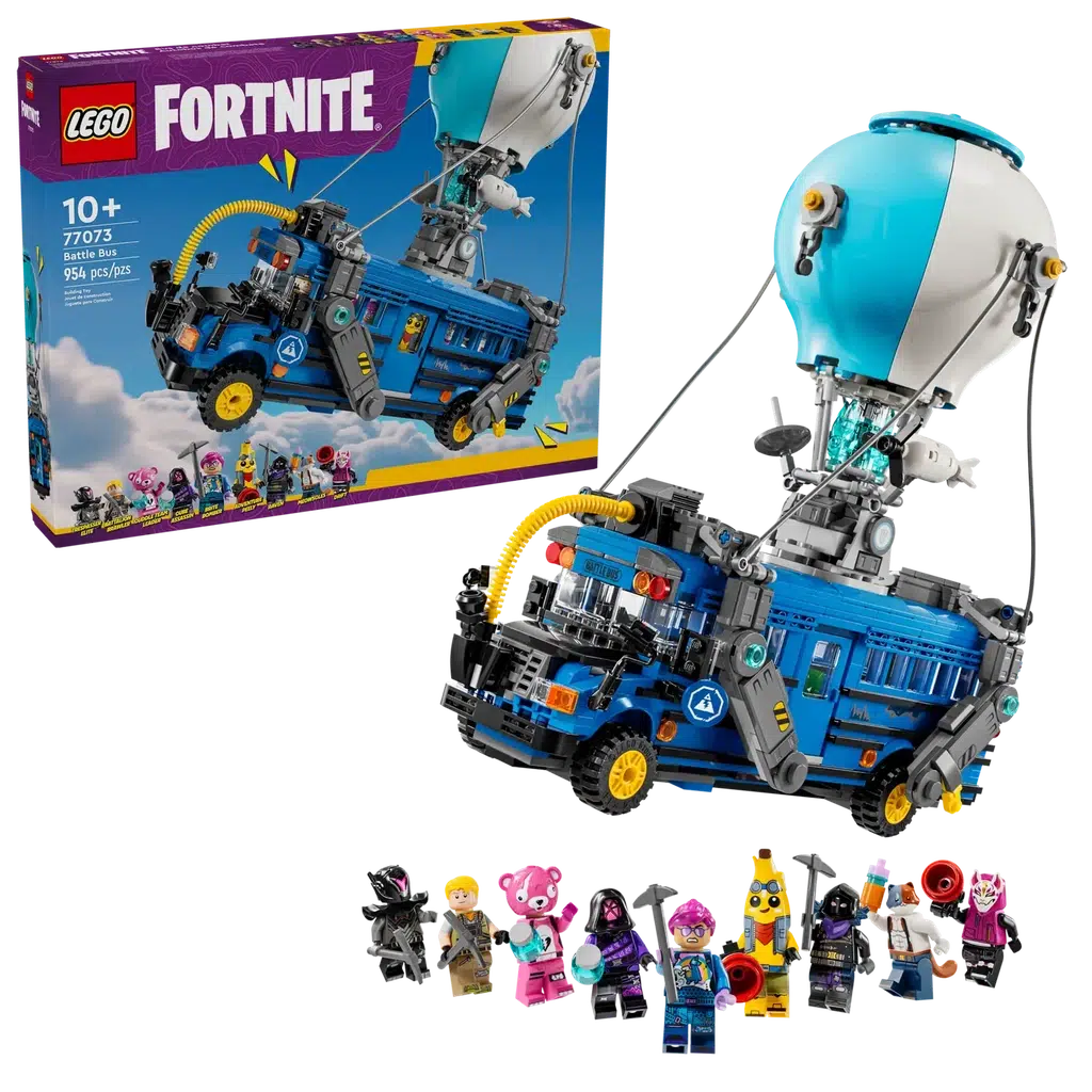 The lego set and all included figures displayed in front of the box