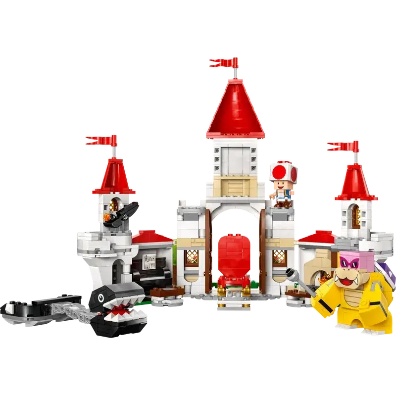 This LEGO set is a magical kids' playset featuring a charming princess castle with red conical roofs, a character in white with a red hat, another in yellow with a spiked shell, and an adventurous black chain chomp figure.