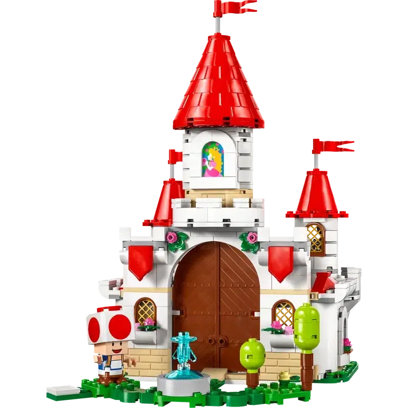 This LEGO set is a magical kids' playset featuring a charming princess castle with red conical roofs, a character in white with a red hat, another in yellow with a spiked shell, and an adventurous black chain chomp figure.