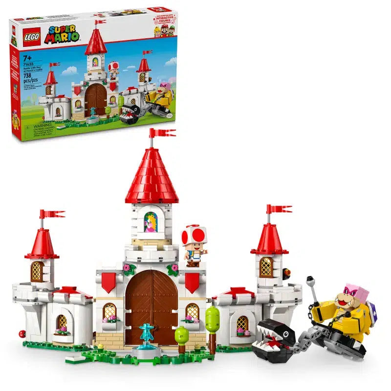 The action-packed LEGO castle features red roofs, a large brown door, and small trees, perfect for kids with adventurous imaginations. It includes a character with a red-spotted hat, a yellow figure, and a black creature with white teeth standing guard outside.