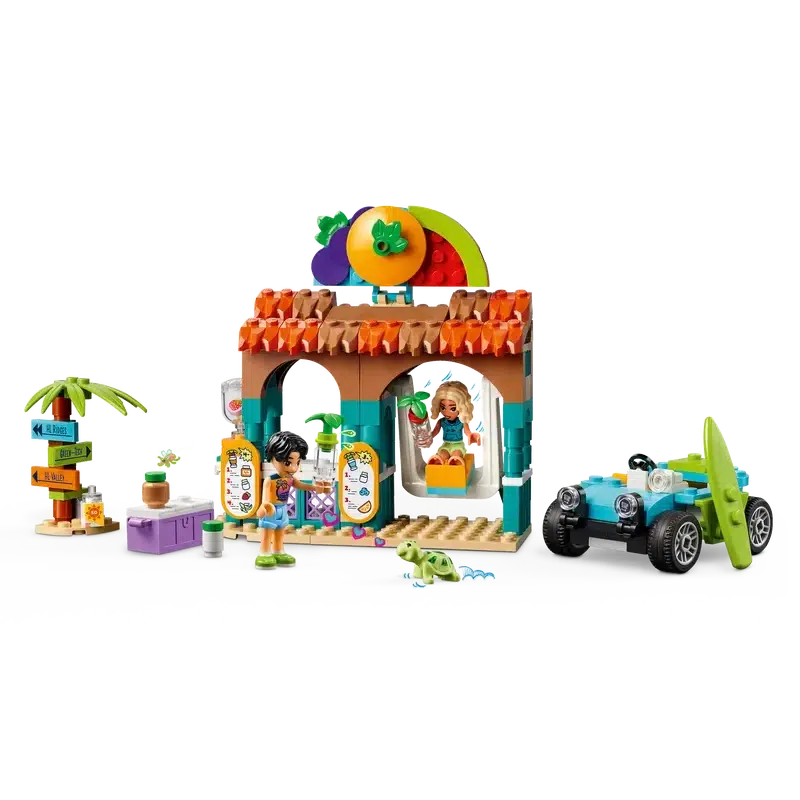 A LEGO juice bar set perfect for kids, featuring role-play toys like figures, a car, a surfboard, a fruit sign, a menu board, and a small palm tree.