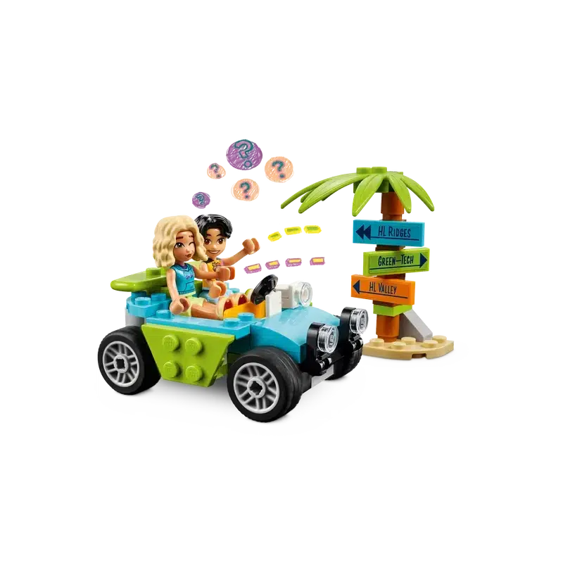 Two LEGO figures in a green and blue car with speech bubbles, driving by a palm tree with directional signs, inspire kids' imaginations. This role-play toy sparks creativity as young adventurers embark on fun journeys, blending their whimsical world with endless storytelling possibilities.