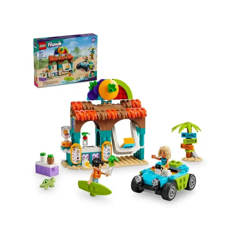 The LEGO Friends beach scene set, a delightful role-play toy for kids, features a vibrant beach hut, two figures, a playful turtle, a sleek car, and a swaying palm tree. The box image is beautifully displayed in the background.