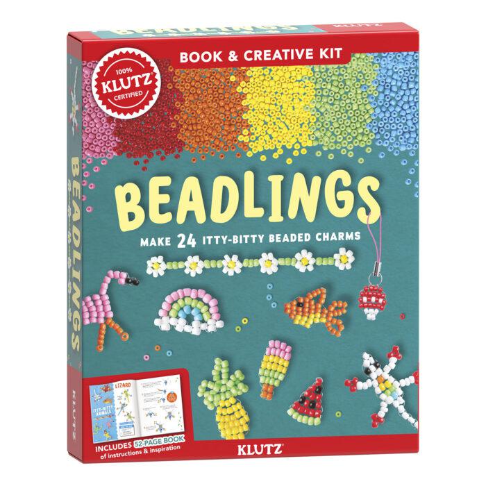 Beadlings by Klutz - makes tiny beaded characters. Box shows hundreds of beads cascading down to things made by beads