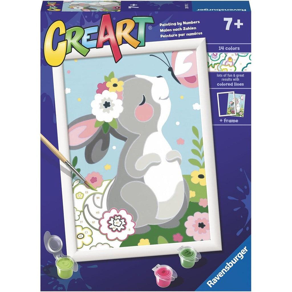 Discover the Ravensburger Beautiful Bunny CreArt painting by numbers kit, perfect for budding artists ages 7+. This charming set, part of the Painting Arts and Crafts series, includes a cute bunny with flowers to bring to life using 14 colors and a ready-to-display frame.