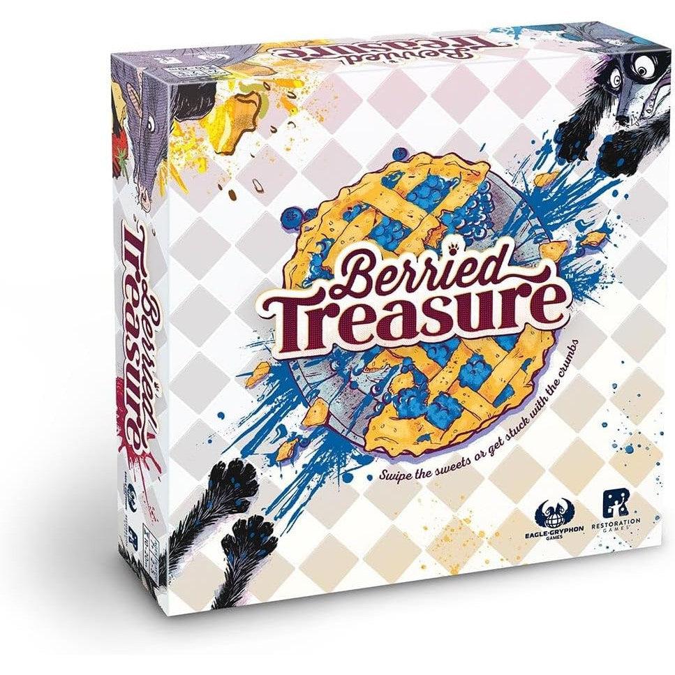 The box of "Berried Treasure" by Restoration Games features vibrant pie and berry illustrations. Slogan: "Swipe the sweets or get stuck with the crumbs." Perfect for board game enthusiasts seeking a sweet challenge!.