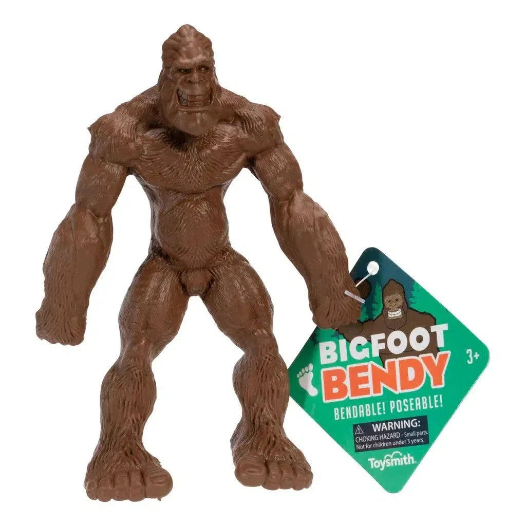 Box of "Bigfoot Bendy" toys, showcasing bendable-limbed Bigfoot figures in a display case with blue and green forest-themed packaging, perfect for sensory stimulation.