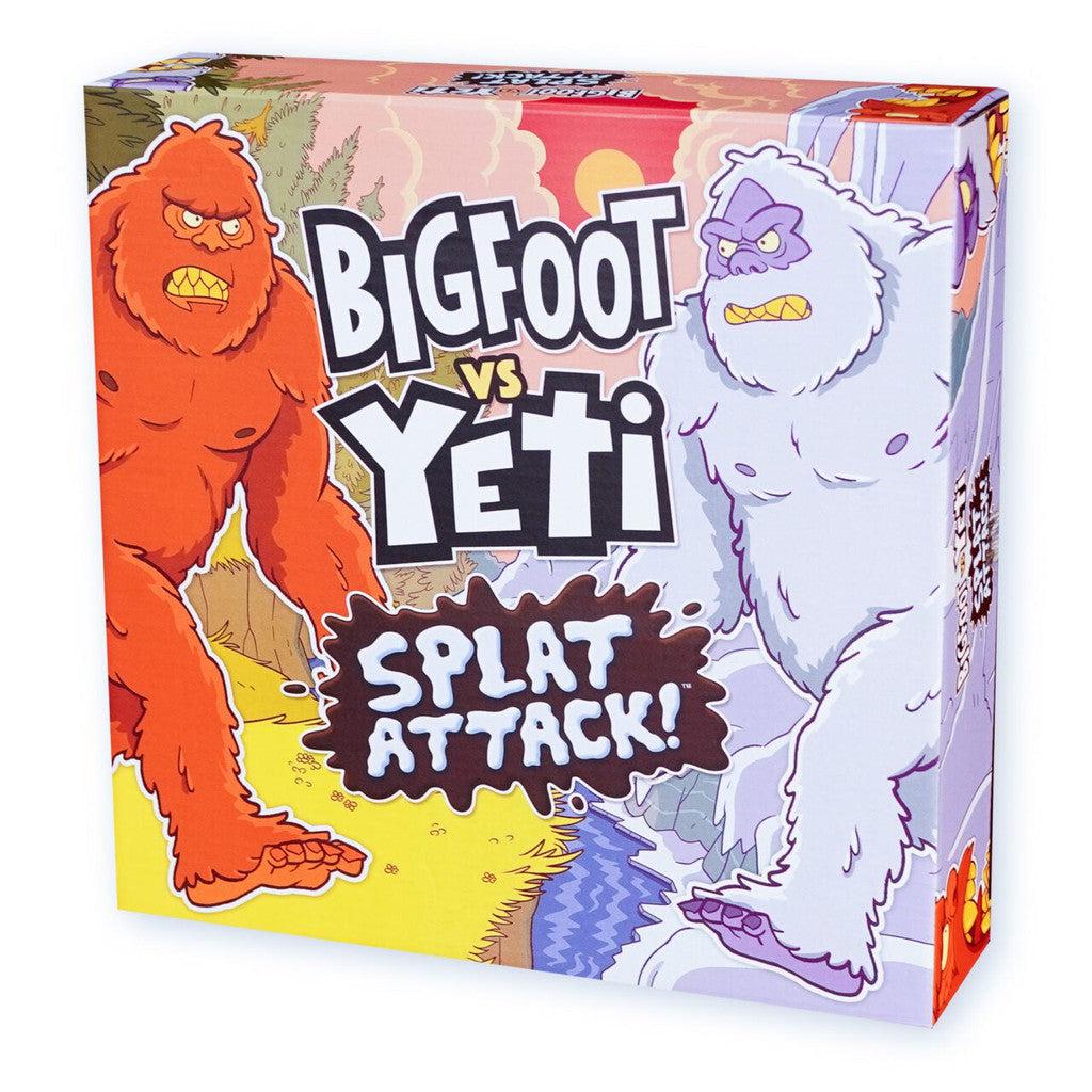 Box cover of a game titled "Bigfoot vs Yeti: Splat Attack!" featuring cartoonish illustrations of Bigfoot and Yeti facing off in a colorful outdoor setting.