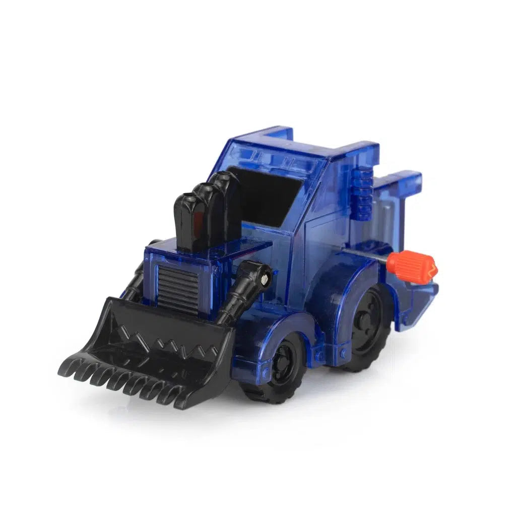 This blue wheelies bulldozer features black wheels and a front scoop. As a delightful wind-up toy, it's perfect for playful adventures with Z WindUps, offering hours of mechanical fun.