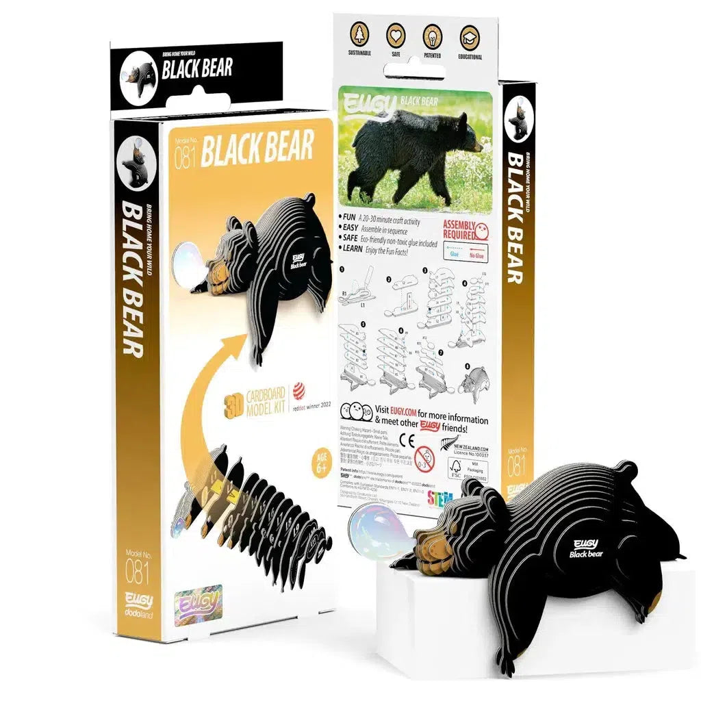 This eco-friendly cardboard model kit of a black bear features packaging with bear imagery and assembly details. Includes an assembled 3D puzzle, display stand, and instructions that integrate STEM concepts for an engaging experience.