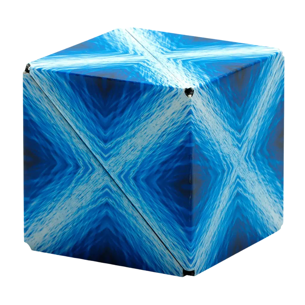 A magnetic puzzle cube featuring a geometric blue design, the Shashibo boasts a swirling pattern with intersecting lines on its faces, inviting endless geometric transformations.