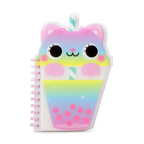 a notebook shaped like a cup of colorful boba with a colorful cat head coming out of the top