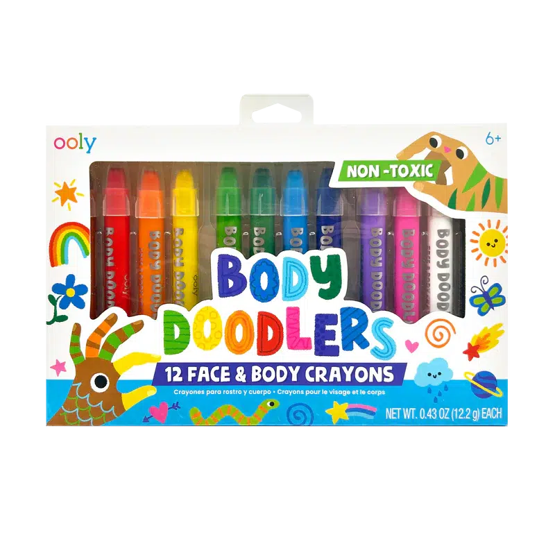 Ooly Body Doodlers come in 12 colors and are for drawing on the face and body. They are non toxic, suitable for ages six and up