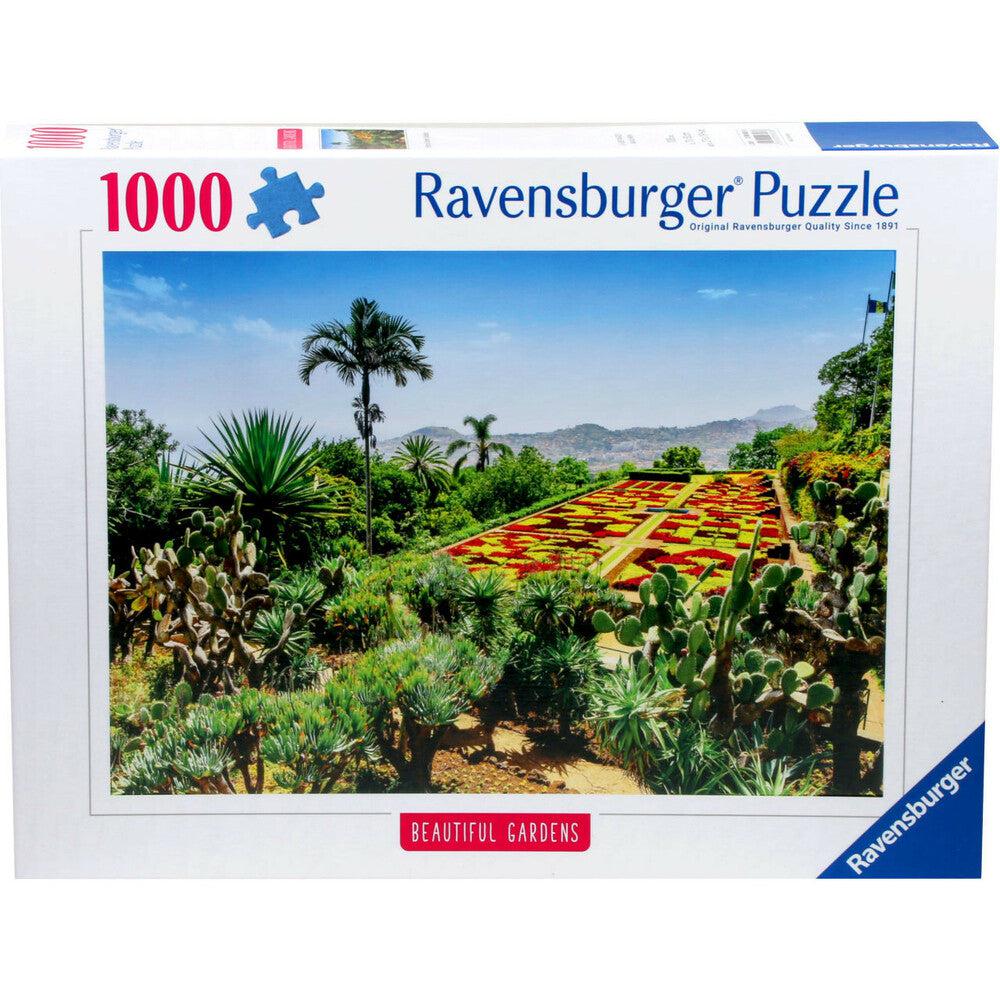 Puzzle box displaying a 1000-piece puzzle by Ravensburger titled "Beautiful Gardens," featuring a vibrant garden scene with various plants and a scenic backdrop.