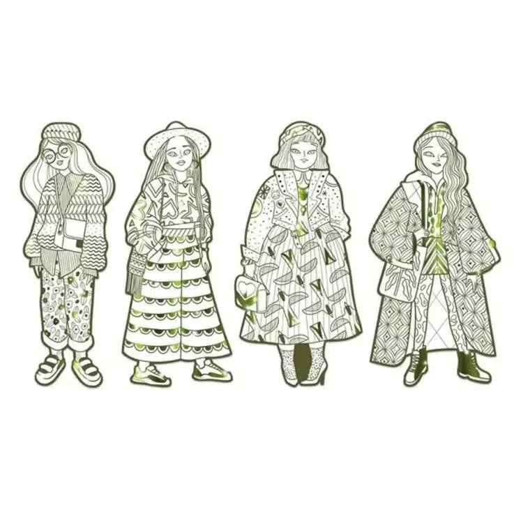 Illustration of four women in patterned outfits and hats, drawn in a green monochrome style.