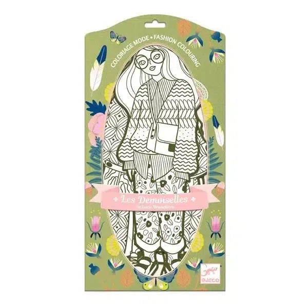 Fashion coloring kit packaging featuring a black and white illustration of a fashionable woman surrounded by colorful flowers. The text reads "Les Demoiselles".