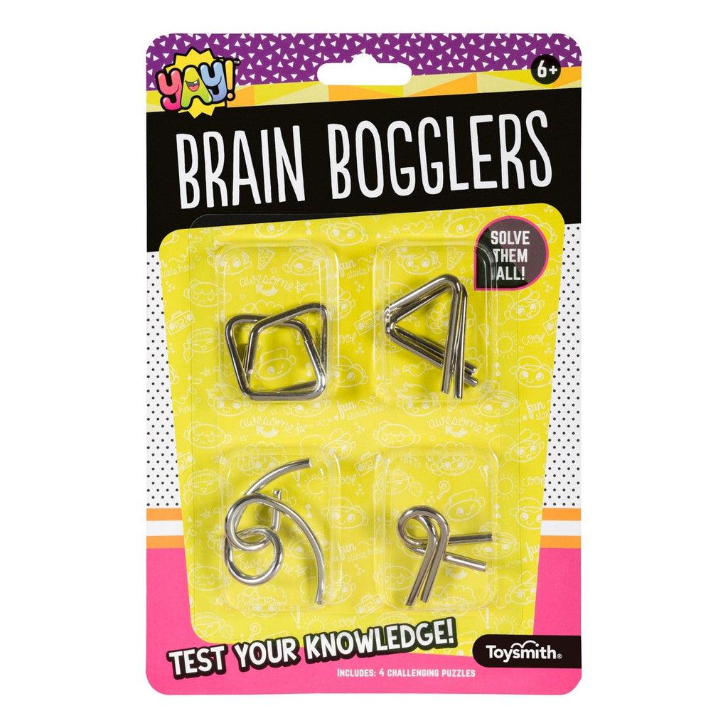 The packaging of "Brain Bogglers" by Toysmith promises hours of intriguing puzzle solving with its set of four expertly crafted metal puzzles.