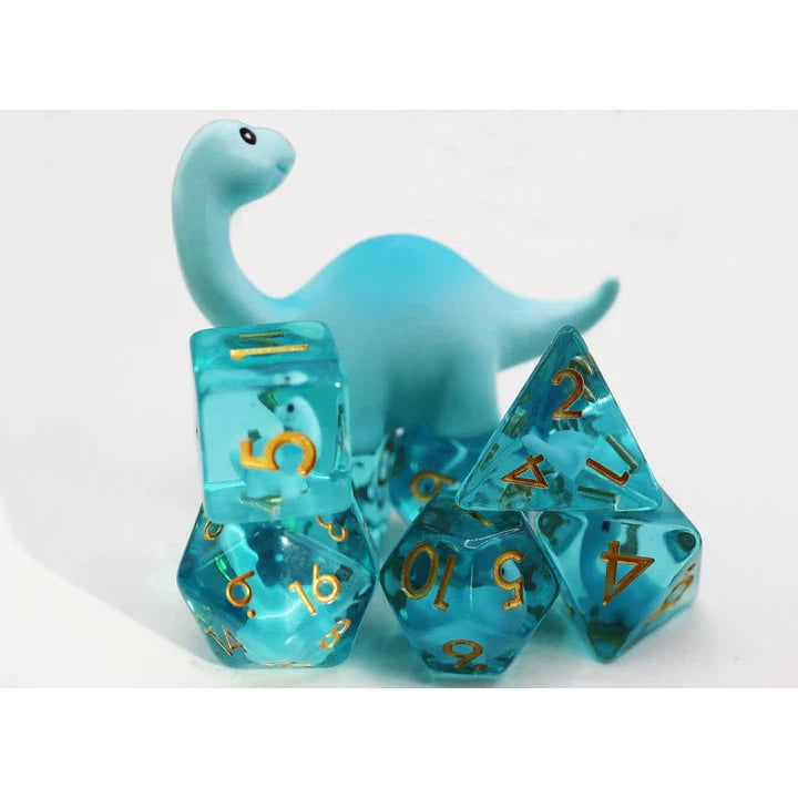 A tiny brontosaurus standing next to a set of blue polyhedral dice with tiny dinos in them