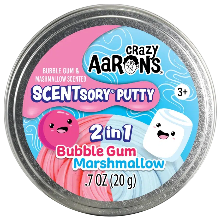 Small tin of Crazy Aaron's putty with cute bubblegum and marshmallow characters. The packaging is pink and blue and the putty itself is scented.