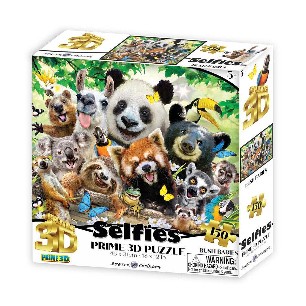 Discover the enchanting 3D puzzle box by Prime 3D Ltd, showcasing cartoon animals like pandas, red pandas, koalas, and more. Titled "Bush Babies Selfie," it features a delightful assembly of 150 pieces.