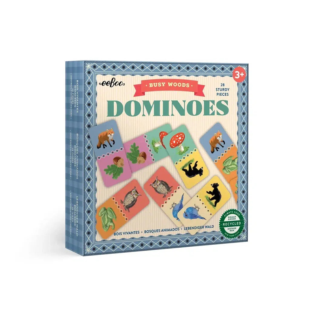 Busy Woods Dominoes by eeboo. Illustrated adorable woodland creatures on domino pieces