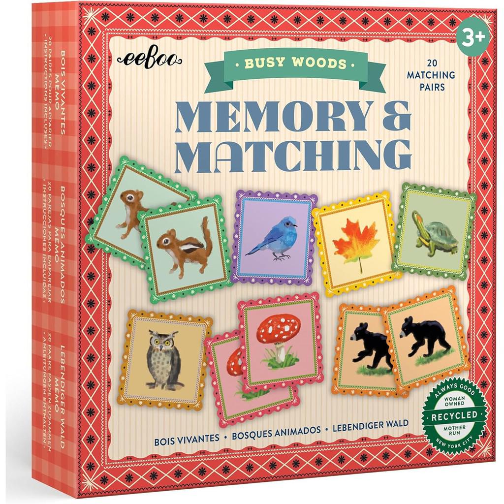 Busy Woods Memory & Matching game by eeboo. illustrated square cards with woodland creatures and nature adorn a comfy themed-box