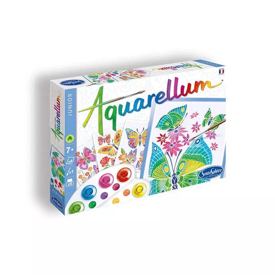 The Aquarellum Junior paint set, renowned for its reputation, features vibrant butterfly designs on the packaging, along with paint pots and a brush. Perfect for budding artists aged 7 and up looking to take their creativity seriously.