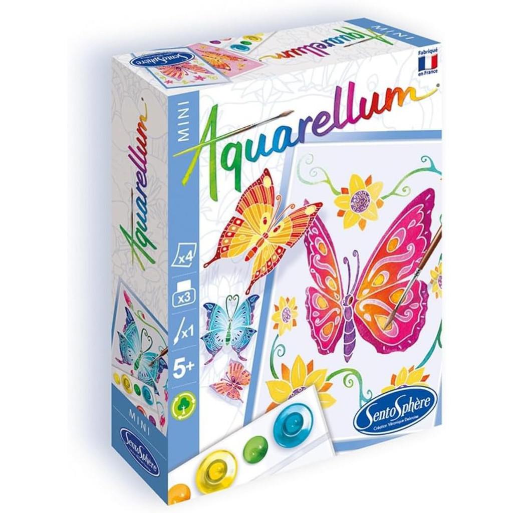 The Sento Sphere Mini Aquarellum kit features a vibrant butterfly and flowers design, perfect for young artists. This watercolor paint set is suitable for ages 5 and up, offering easy exploration of creativity with its vivid hues.