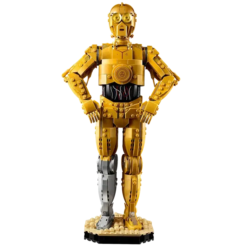 This LEGO model of C-3PO, the iconic humanoid robot from the Star Wars™ classic saga, features golden and silver parts standing proudly on a base against a sleek black background—a perfect nostalgic gift for fans.