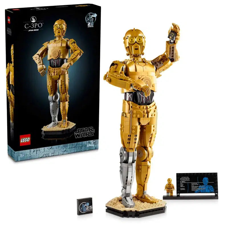 This LEGO set features the iconic C-3PO from the classic Star Wars saga, showcasing both the meticulously assembled figure and its sleek box. A perfect nostalgic gift for fans of all ages.