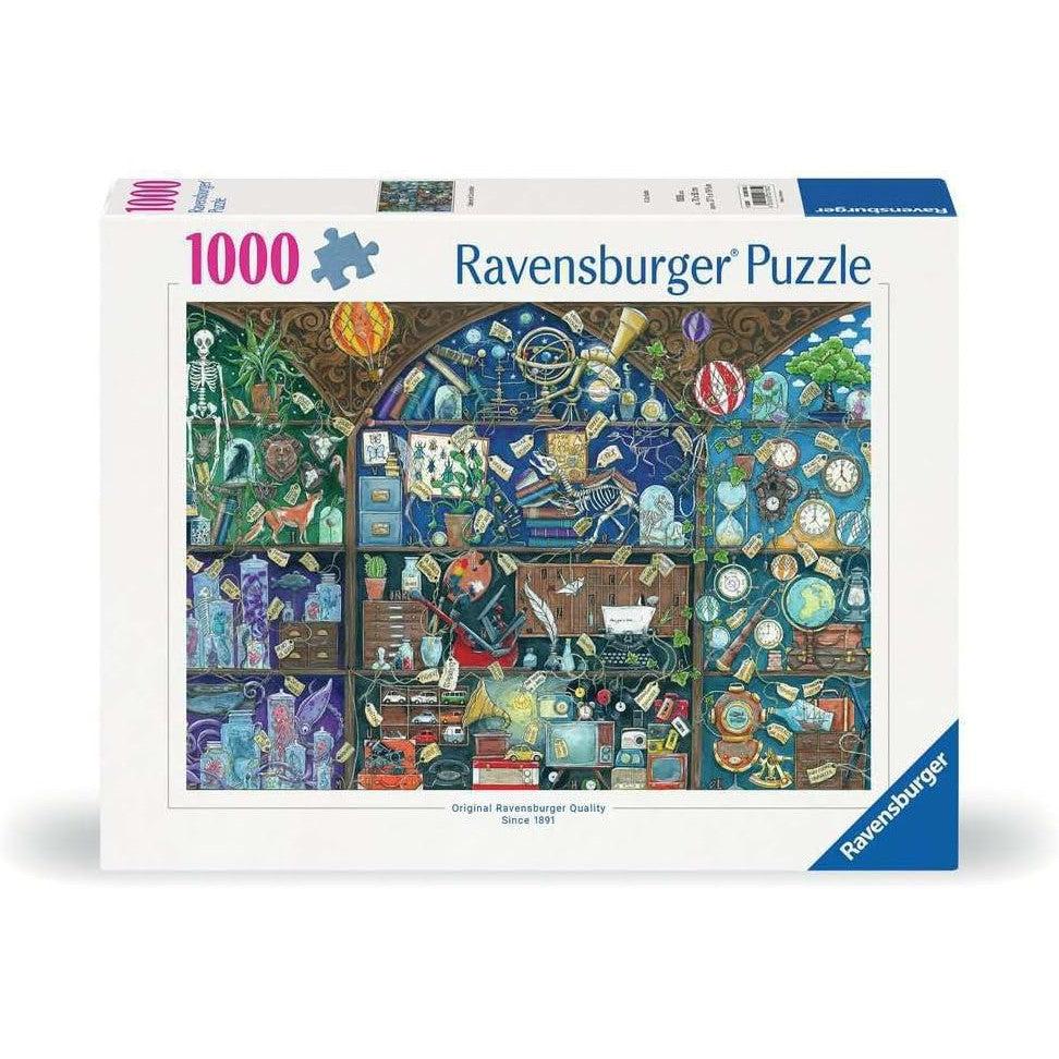 Discover the Ravensburger Cabinet of Curiosities, a 1000-piece jigsaw puzzle showcasing a vibrant illustration of an intricate shelf filled with fascinating objects, books, and artifacts.