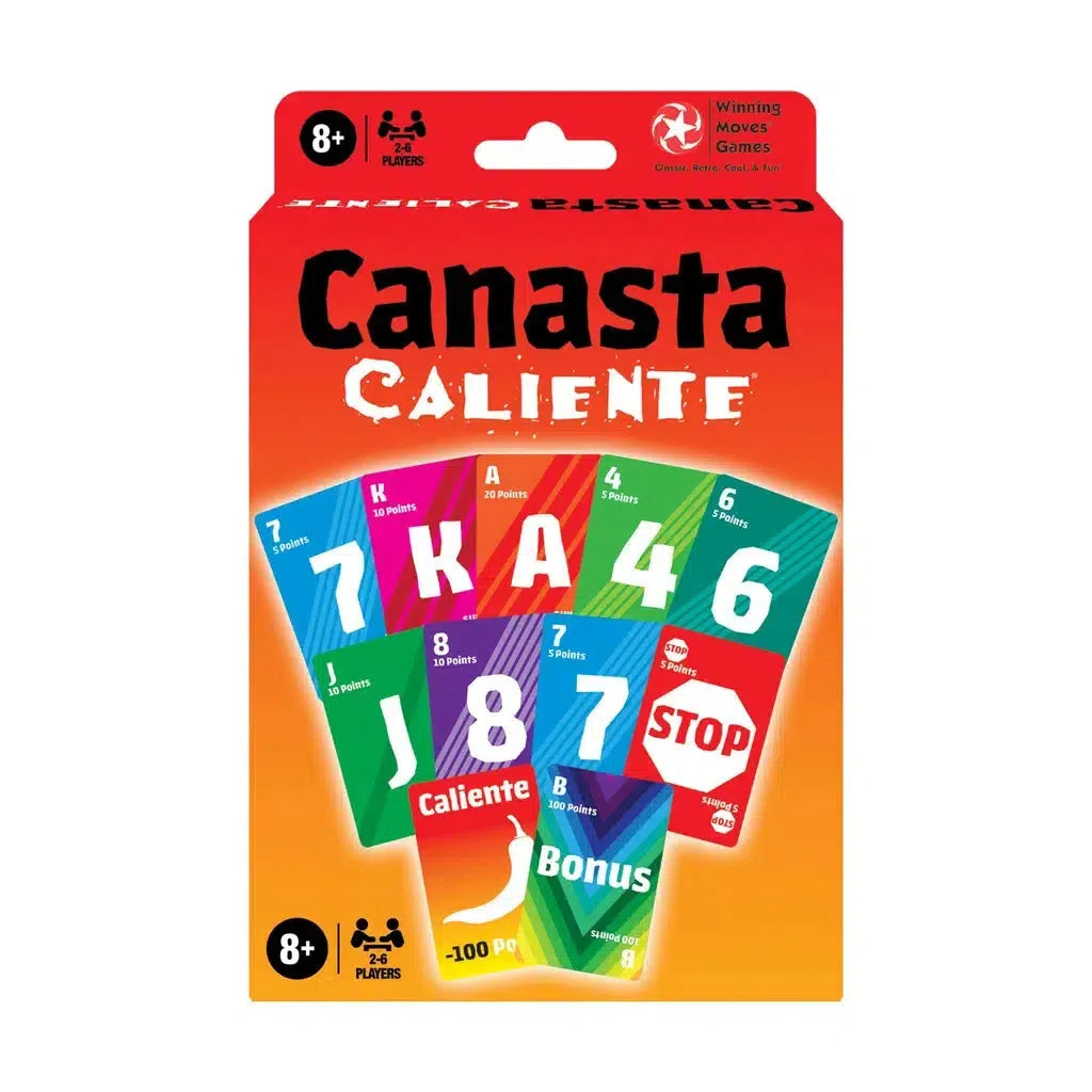 The front of the Canasta Caliente card game box showcases colorful playing cards, ideal for 2-6 players aged 8 and up. This family card game is perfect for both kids and adults to enjoy together.