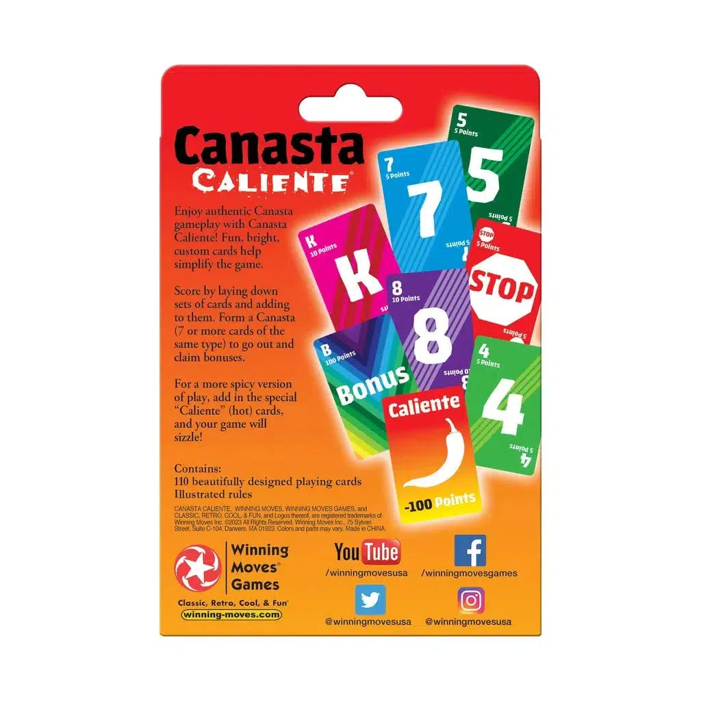 This vibrant image showcases a Canasta Caliente family card game package, complete with colorful custom cards and gameplay instructions. Perfect as a card game for kids and adults, it features the Winning Moves Games brand alongside social media links at the bottom.