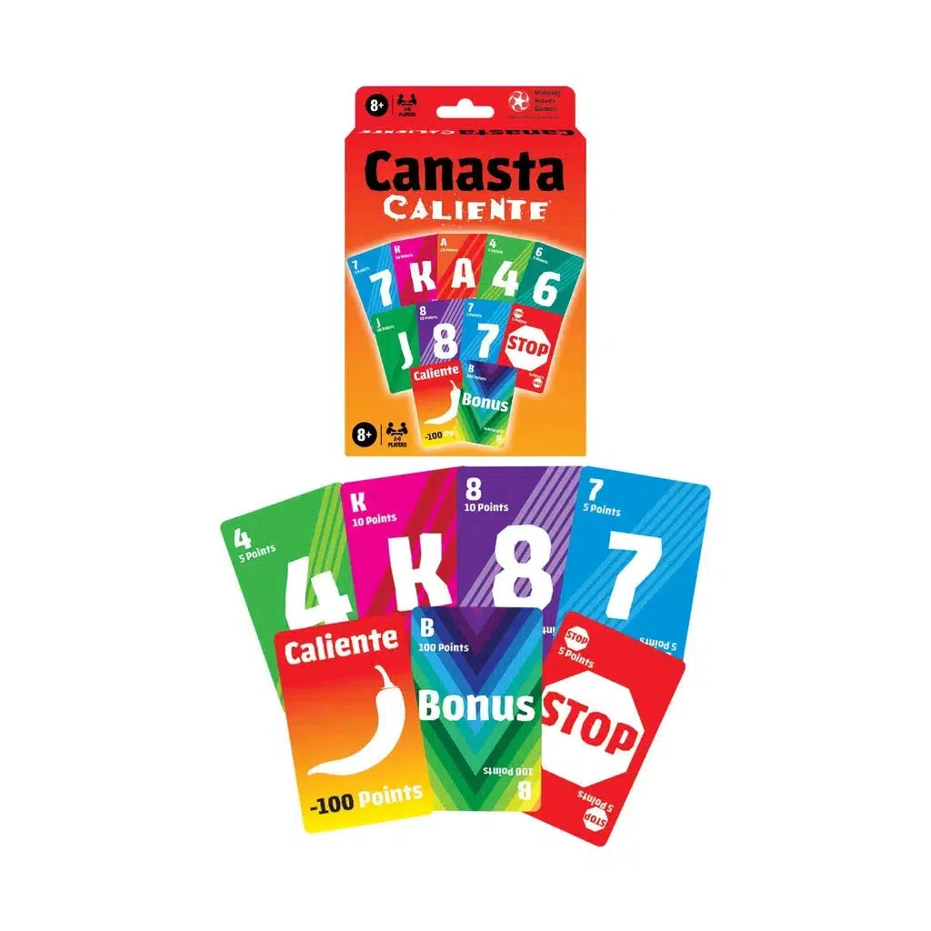 The Canasta Caliente card game packaging bursts with colorful cards, featuring numbers, a "Stop" card, a "Caliente" card, and a "Bonus" card—perfect for a family card game that delights both kids and adults.