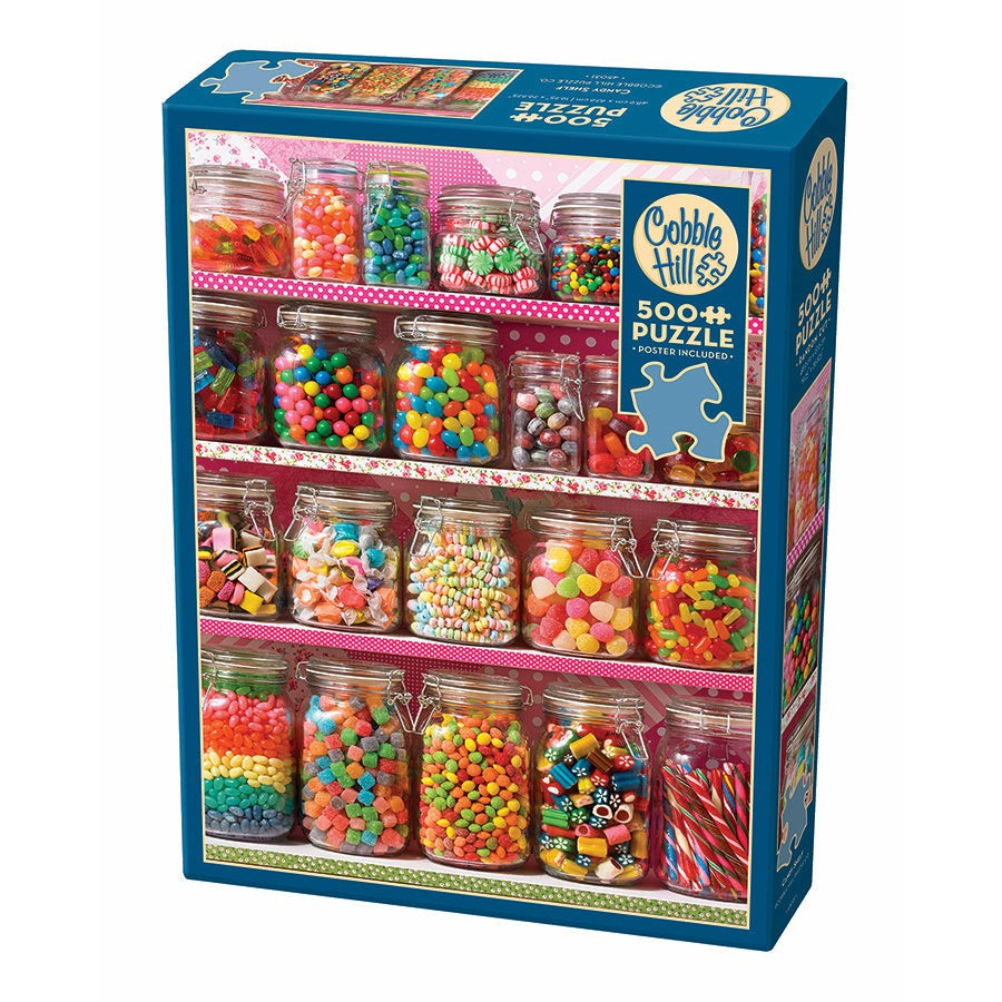 A 500-piece puzzle box featuring an image of shelves filled with various jars of colorful candies.