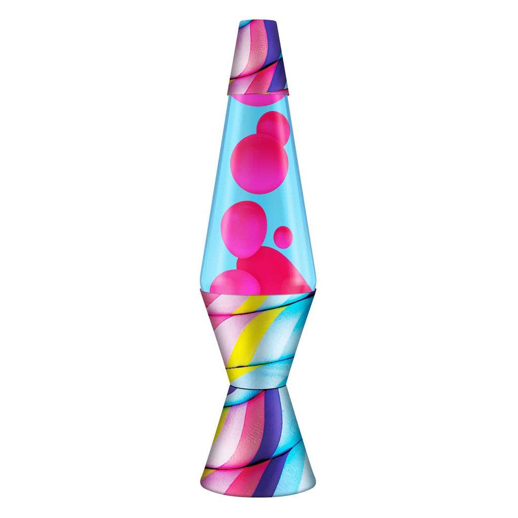 A LAVA® Lamp with swirling red blobs and a colorful Candy Swirl striped base.