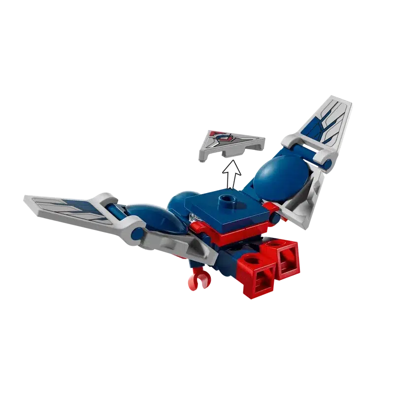 LEGO model of a mechanical bird with blue and red parts, inspired by Falcon. It features articulated wings and a removable top section.