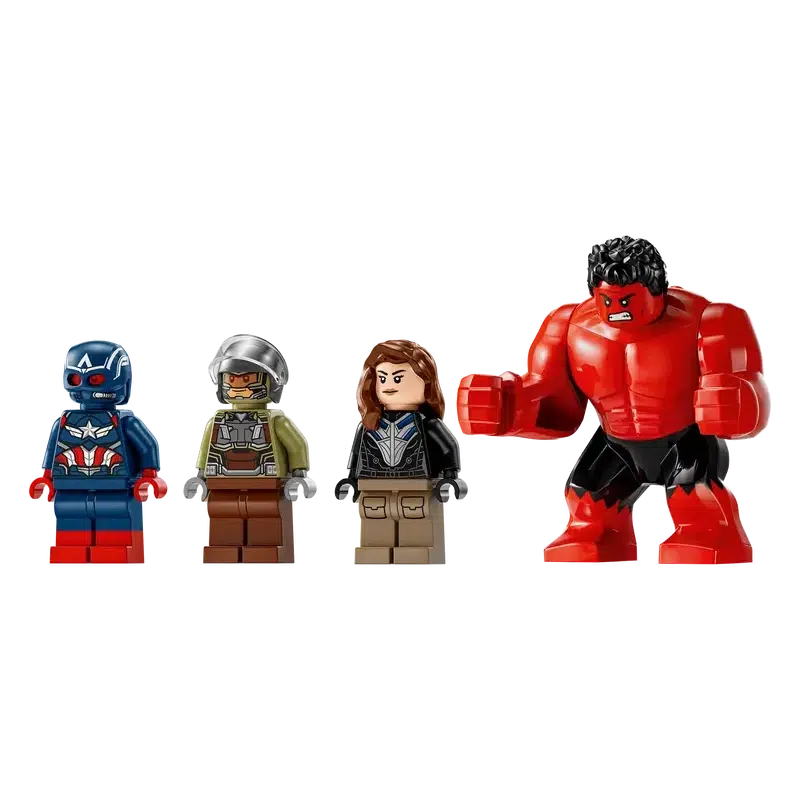 Four LEGO minifigures: Falcon in a blue and red armored suit, Captain America with goggles, a figure with brown hair in a sleek black outfit, and the mighty Red Hulk as a large red and black muscular figure.