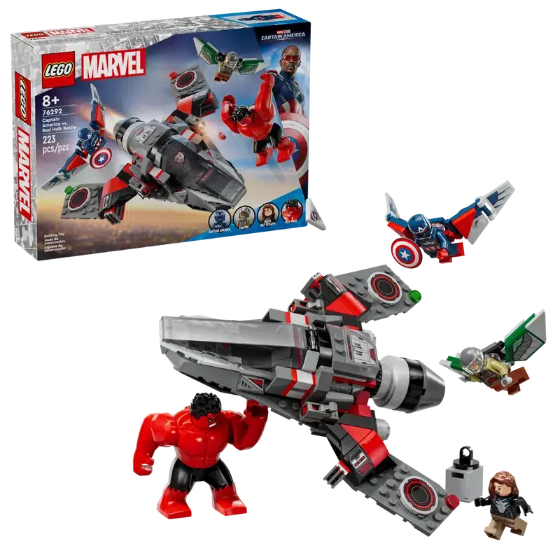 LEGO Marvel set featuring a sleek jet, Red Hulk figure, Captain America as Falcon with wings, and other exciting accessories. Box and assembled pieces beautifully displayed.