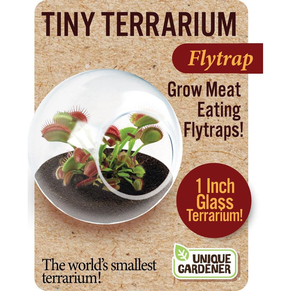 Packaging for "Tiny Terrarium" featuring a flytrap plant in a 1-inch glass terrarium. Text reads, "Grow Meat Eating Flytraps! The world's smallest terrarium!" by Unique Gardener.