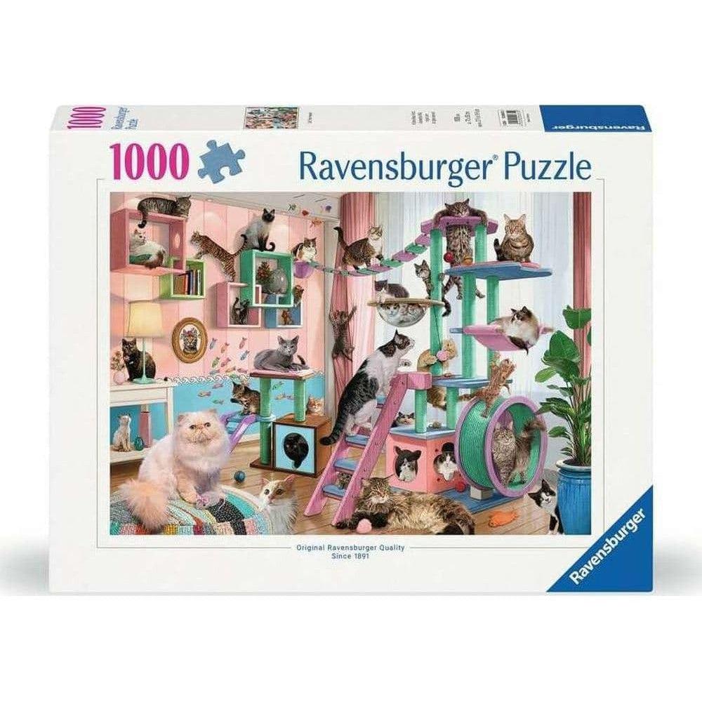 The room is a true Ravensburger Cat Tree Heaven, bursting with playful cats lounging on vibrant cat trees and shelves. Toys are scattered around, creating a live 1000-piece jigsaw puzzle of feline fun and frolic.