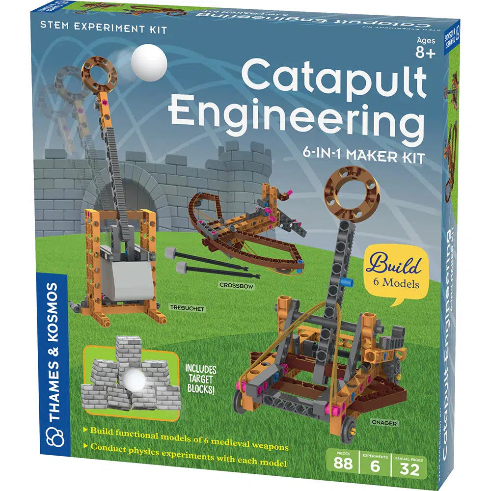 A box containing a Catapult Engineering 6-in-1 Maker Kit from Thames &amp; Kosmos for ages 8 and up, featuring images and text about building medieval weapon models, including catapult models.