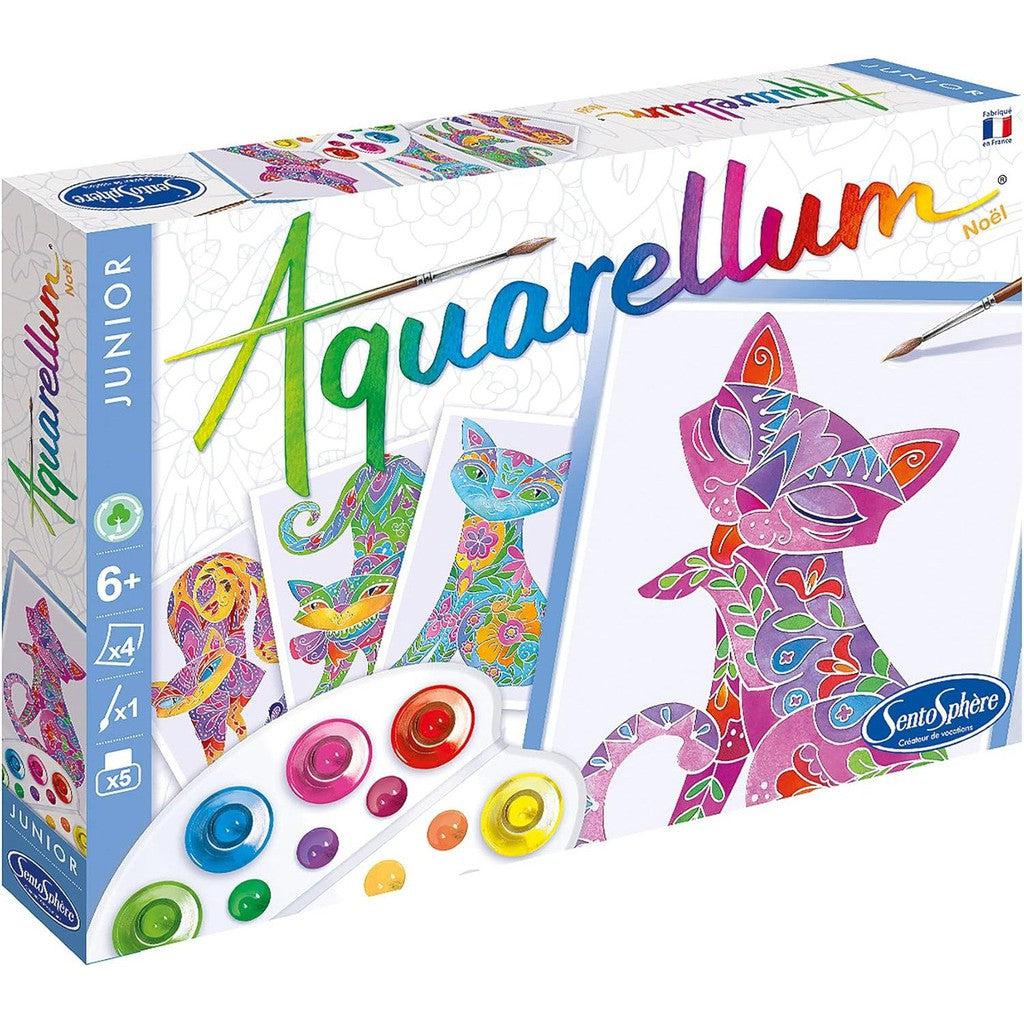 The Sentosphère Aquarellum Junior painting set features vibrant cat illustrations, a paint palette, and a paintbrush. Perfect for young artists ages 6 and up, this delightful kit combines the joy of Toys &amp; Games with creative expression.