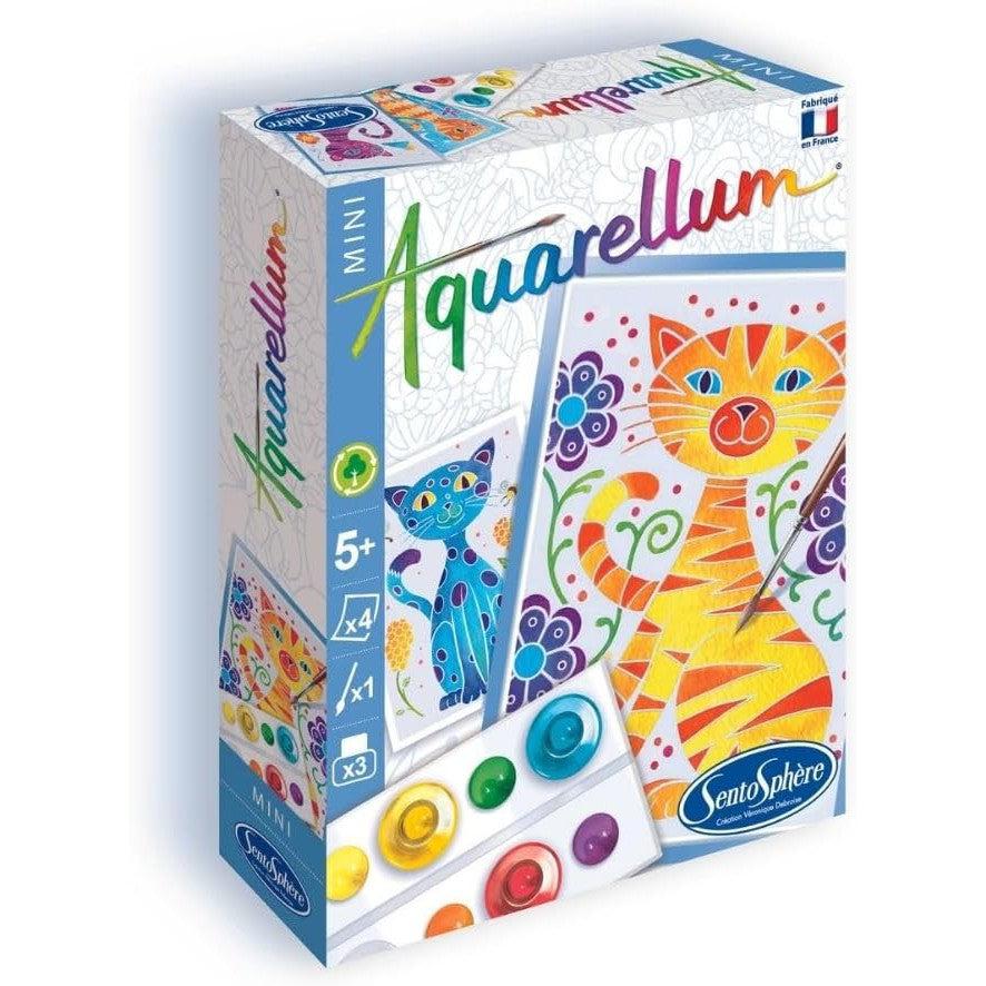 The Aquarellum Mini painting kit by Sentosphère features a vibrant illustration of mini cats, complete with watercolor paints and brushes. Perfect for young artists ages 5 and up.